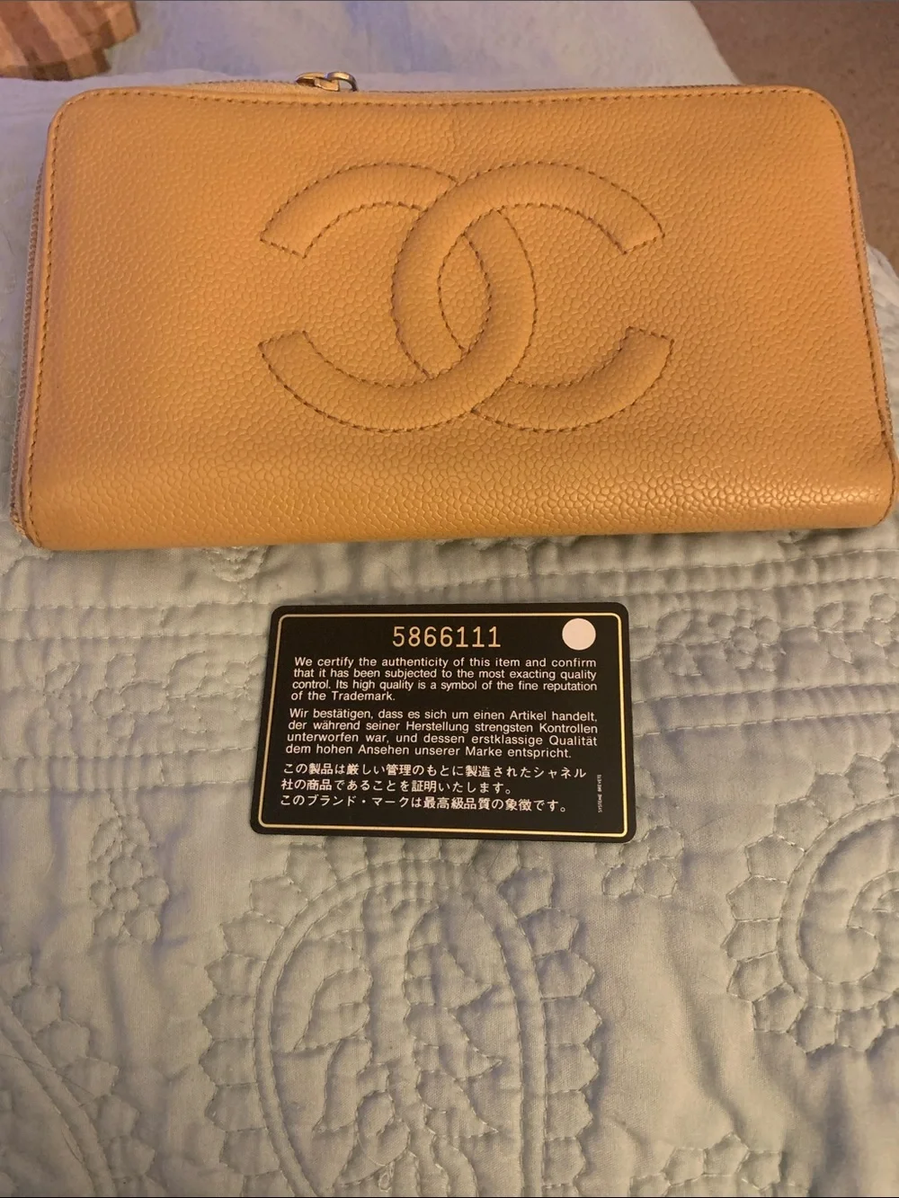 CHANEL Quilted CC Zip Wallet in Camel Tan